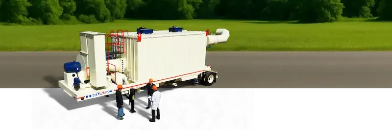 Bag house with a road in the background and workers next to it